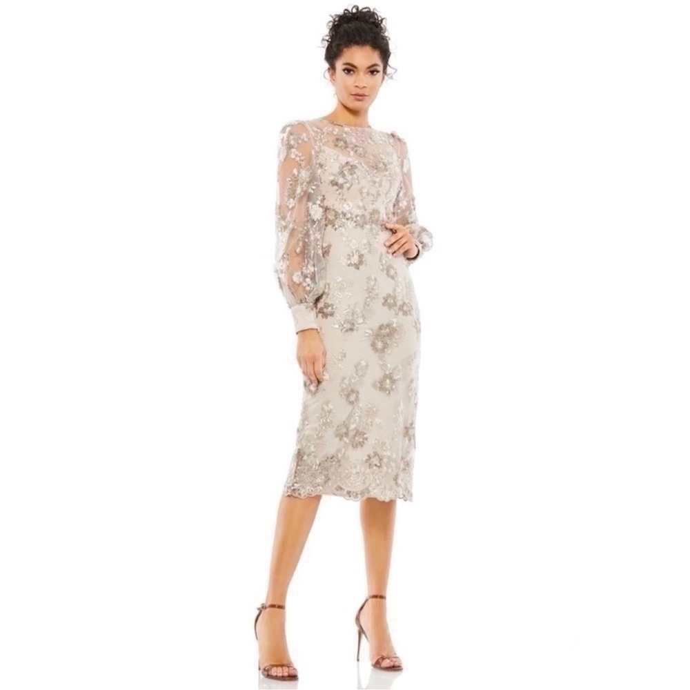 Mac Duggal Embellished‎ High Neck Illusion Long Sleeve Midi Dress- NWT10